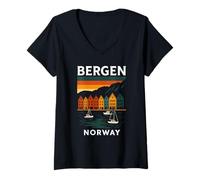 Femme Norvège Bergen Bryggen Architecture norvégienne Oslo Retro T-Shirt avec Col en V