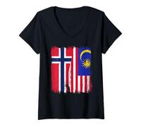 Femme Norvège Malaisie Demi Drapeau Norvégien Malaisien Patrimoine T-Shirt avec Col en V