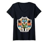 Femme Norwegian Elkhound propriétaire de chien Summer Vibes Vacation Holiday T-Shirt avec Col en V