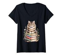 Femme Norwegian Forest Cat Wegies Books Flowers Book Reading T-Shirt avec Col en V