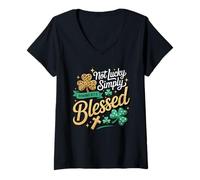Femme Not Lucky Simply Blessed Romans 4:7-8 Christian Clover Faith T-Shirt avec Col en V