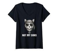 Femme Not My Sons Chat Peace Signe Bandana US Drapeau Cat Parents T-Shirt avec Col en V
