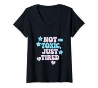Femme Not Toxic Just Tired Pastel Sad Star Citation Tee T-Shirt avec Col en V