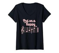 Femme Note de Musique « Put on A Happy Face » pour Professeur de Musique Meme T-Shirt avec Col en V