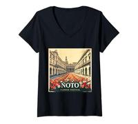 Femme NOTO Flower Festival - Affiche Vintage Art - Sicile, Italie T-Shirt avec Col en V