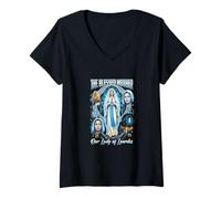 Femme Notre-Dame de Lourdes Pèlerinage Marial Catholique T-Shirt avec Col en V