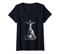 Femme Notre Dame des Douleurs Passion Catholique Dévotion T-Shirt avec Col en V