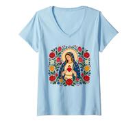 Femme Notre-Dame Guadalupe Marie Cœur Immaculé Folk Catholique Sainte T-Shirt avec Col en V
