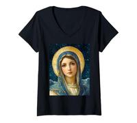 Femme Notre Dame, Reine du Ciel et Bienheureuse Mère Marie T-Shirt avec Col en V