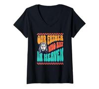 Femme Notre Père Qui est au Paradis Fun God Retro Font Jesus Love T-Shirt avec Col en V