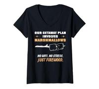 Femme Notre Plan d'excursion Comprend des guimauves. Camping. T-Shirt avec Col en V