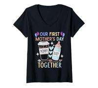Femme Notre première fête des mères nouveau-né bébé mère maman assorti T-Shirt avec Col en V