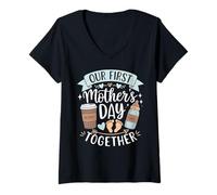 Femme Notre première fête des mères nouveau-né bébé mère maman garçon assorti T-Shirt avec Col en V