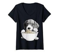 Femme Nouilles Ramen Mangeant Un Chiot affamé T-Shirt avec Col en V