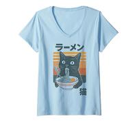 Femme Nouilles Ramen rétro Mangeant des Chats Mangeant des mangeurs d'anime Filles garçons Hommes Femmes T-Shirt avec Col en V