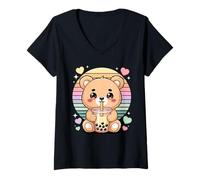 Femme Nounours Mignon Bubble Tea Boba Amour Arc en Ciel T-Shirt avec Col en V
