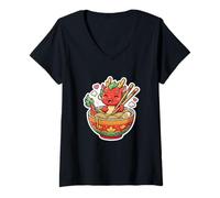 Femme Nourriture Ramen Mangeant Un Dragon Mignon T-Shirt avec Col en V