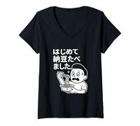 Femme Nous avons fait du natto pour la première fois T-Shirt avec Col en V