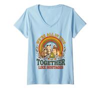 Femme Nous Sommes Tous Ensemble comme des otages | Funny Animal Retro 2 T-Shirt avec Col en V