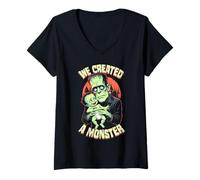 Femme Nouveau père, Premier bébé Monstre Frankenstein d'halloween T-Shirt avec Col en V