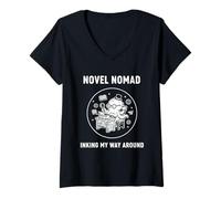 Femme Novel Nomad Inking My Way Around Emblème de Voyageur littéraire T-Shirt avec Col en V