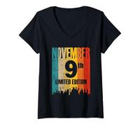 Femme Novembre 9 Édition Limitée r Retro Vintage Anniversaire T-Shirt avec Col en V