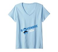 Femme Novembre Bleu Moustache Prévention Cancer Maladies Hommes T-Shirt avec Col en V, Bleu Céleste, L