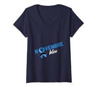 Femme Novembre Bleu Moustache Prévention Cancer Maladies Hommes T-Shirt avec Col en V, Bleu Marine, XL