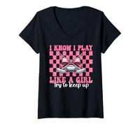 Femme Nœud à Coquette avec Inscription « I Know I Play Like A Girl » T-Shirt avec Col en V