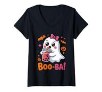 Femme Nœud à Coquette Kawaii Boba Tea Cute Boo Ghost Halloween Spooky T-Shirt avec Col en V