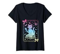 Femme Nœud coquet Chat Noir Livres Grimoire Sorcière Pastel Filles T-Shirt avec Col en V