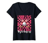 Femme Nœud coquette pour fille de hockey sur gazon I Know I Play Like A Girl T-Shirt avec Col en V