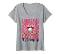 Femme Nœud coquette pour fille de hockey sur gazon I Know I Play Like A Girl T-Shirt avec Col en V