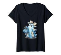 Femme Nœud Papillon rétro en Denim Bleu pour Halloween T-Shirt avec Col en V