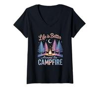 Femme Nuit de Camping Autour du feu de Camp T-Shirt avec Col en V