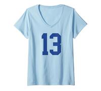Femme Numéro 13 Bleu Style équipe Sportive T-Shirt avec Col en V