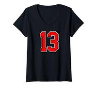 Femme Numéro 13 Rouge Style équipe Sportive Universitaire T-Shirt avec Col en V