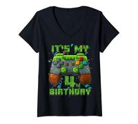 Femme Numéro de Pixel pour 4e Anniversaire de garçon T-Shirt avec Col en V