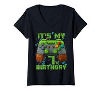 Femme Numéro Pixel Gamer 7e Anniversaire garçon 7 Ans T-Shirt avec Col en V