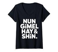 Femme Nun Gimel Hay Shin Lettres Hébraïques T-Shirt avec Col en V