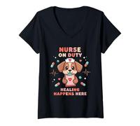 Femme Nurse on Duty Funny Dog Lover RN Pet Nurse Humour Medical T-Shirt avec Col en V
