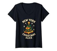 Femme NY Christmas Slice Chemise de Noël Motif Arbre à Pizza T-Shirt avec Col en V