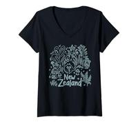 Femme NZ Rugby Oiseau Kiwi de Nouvelle-Zélande Maori Haka Doodle T-Shirt avec Col en V