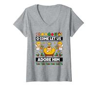 Femme O Come Let Us Adore Him Baby Jésus Nativité de Noël T-Shirt avec Col en V