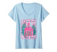 Femme O Come Let Us Adore Him Pink Church Christmas Christian Girl T-Shirt avec Col en V