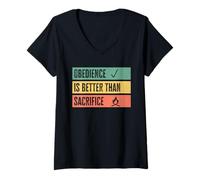 Femme Obedience is Better Than Sacrifice Relationship VS Religion T-Shirt avec Col en V