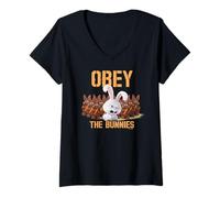 Femme Obey The Bunnies Pets Humour Fun Cute T-Shirt avec Col en V