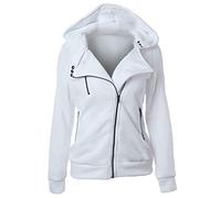 Femme Oblique Zippé Sweats À Capuche Couleur Unie Casual Veste Manteau Blouson Hoodie Tops Blanc L