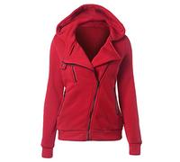 Femme Oblique Zippé Sweats À Capuche Couleur Unie Casual Veste Manteau Blouson Hoodie Tops Rouge L