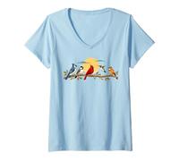 Femme Observation des Oiseaux Coucher de Soleil Oiseaux Blue Geay Red Cardinal Birding T-Shirt avec Col en V